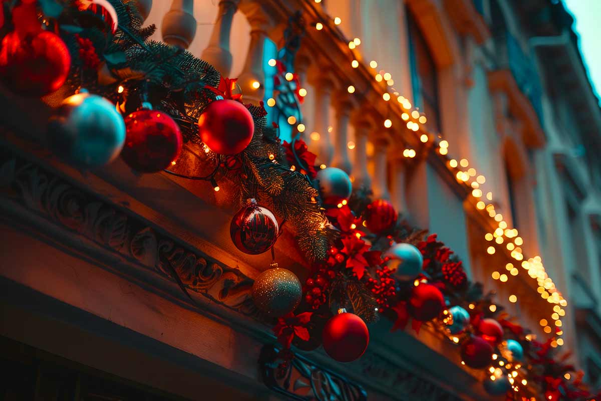 palline e decorazioni natalizie sulla ringhiera del balcone